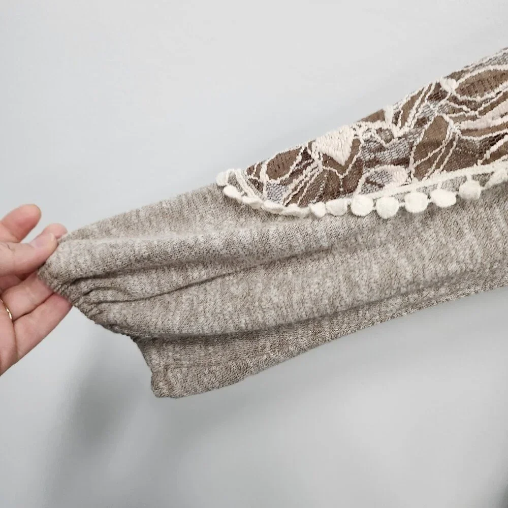 Areve Womens Fairy Romantic BOHO Top Small‎ Beige Lace Yoke 3/4 Sleeve